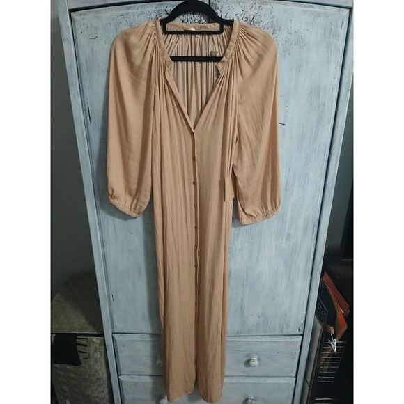 Cali Dreaming Maxi Puff Sleeve Button Up Dress Blush Large Boho Logan Look - Picture 1 of 12